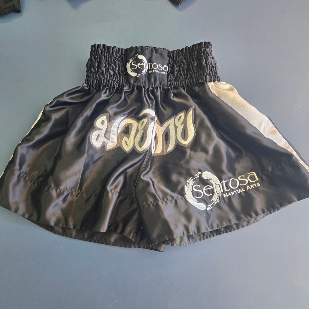 Muay Thai Shorts Black Silver Kickboxing Training Gym Trunks Sentosa Size S